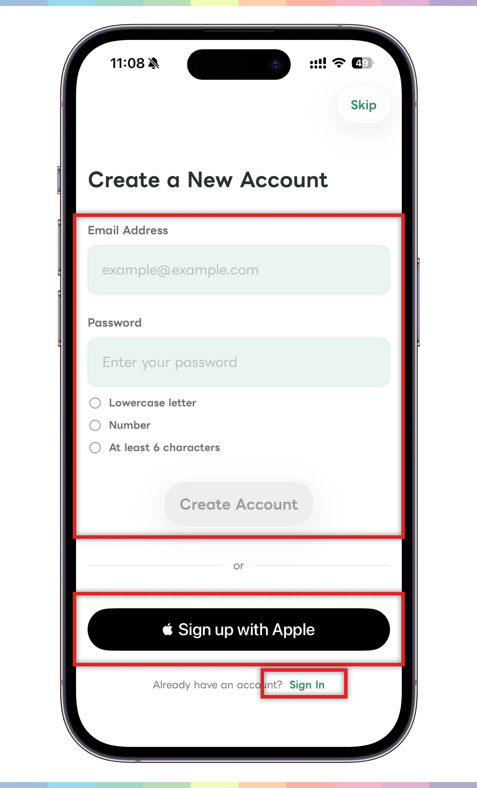 Create a new account screen