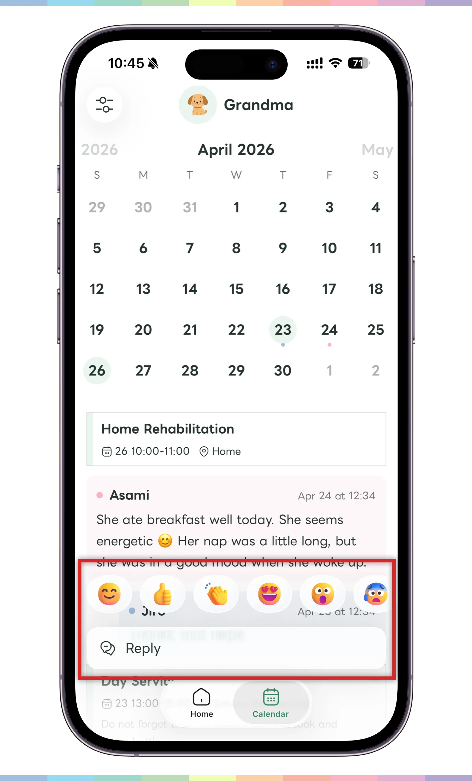Screen for sending reactions and replies to a post
