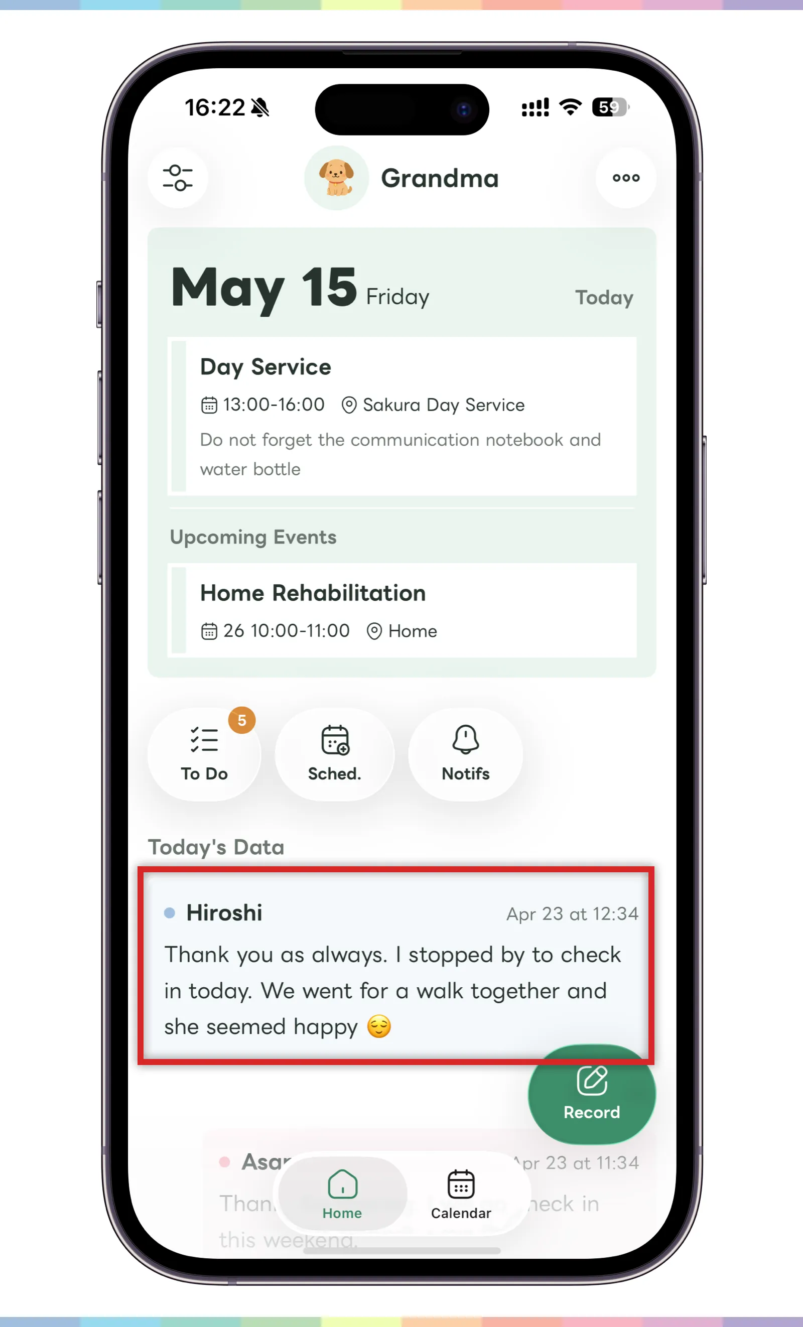 Created post shown on the home screen