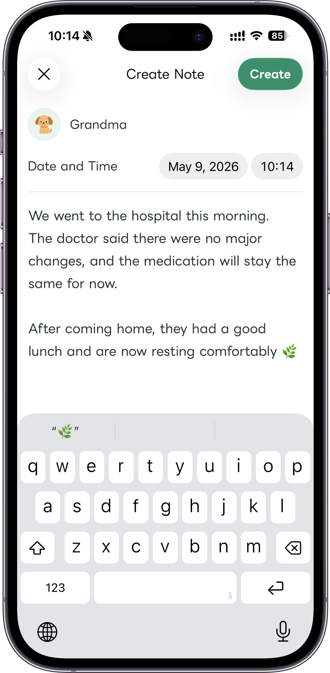 Carez care record screen mockup