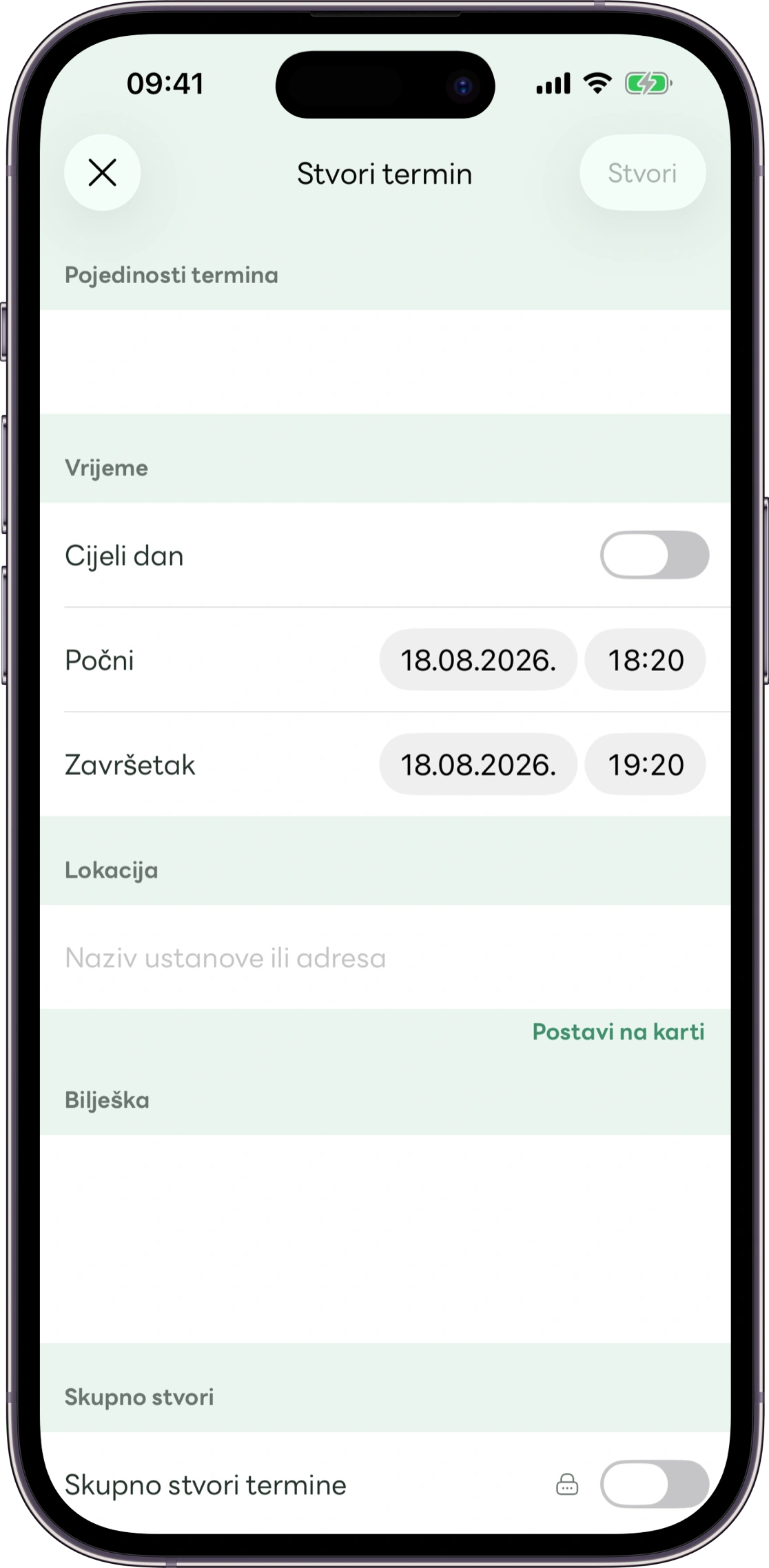 Zaslon za unos termina u Carezu