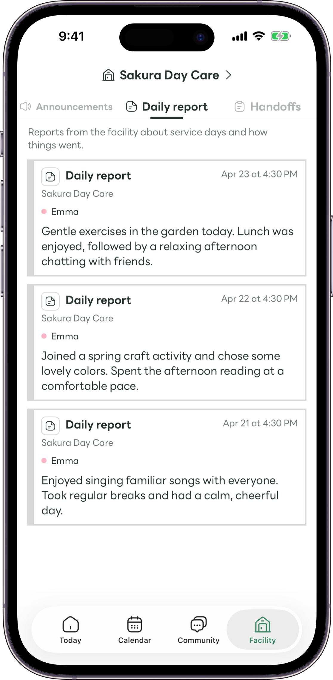 Carez screen showing a daily report published by the care facility