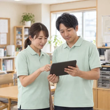 タブレットで記録を確認する施設職員のイメージ