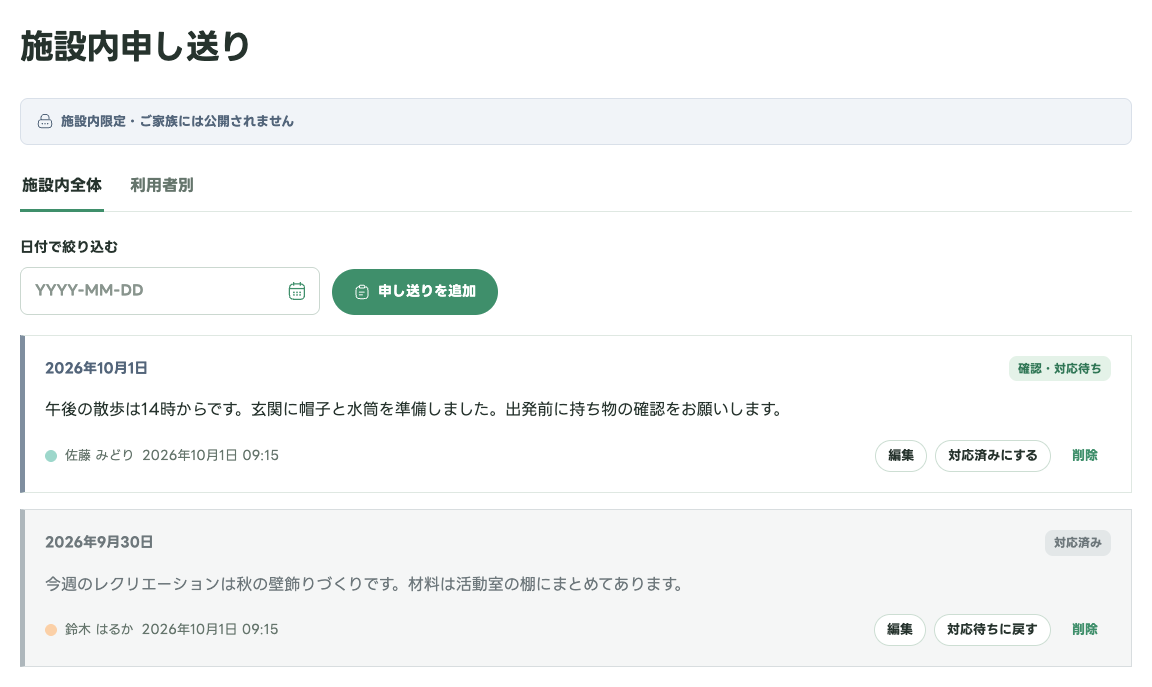 施設内申し送り：全体・利用者別の連絡と対応状況